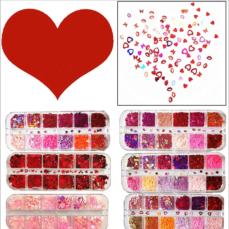 12 Grids/box Heart Butterfly Nail Decoration