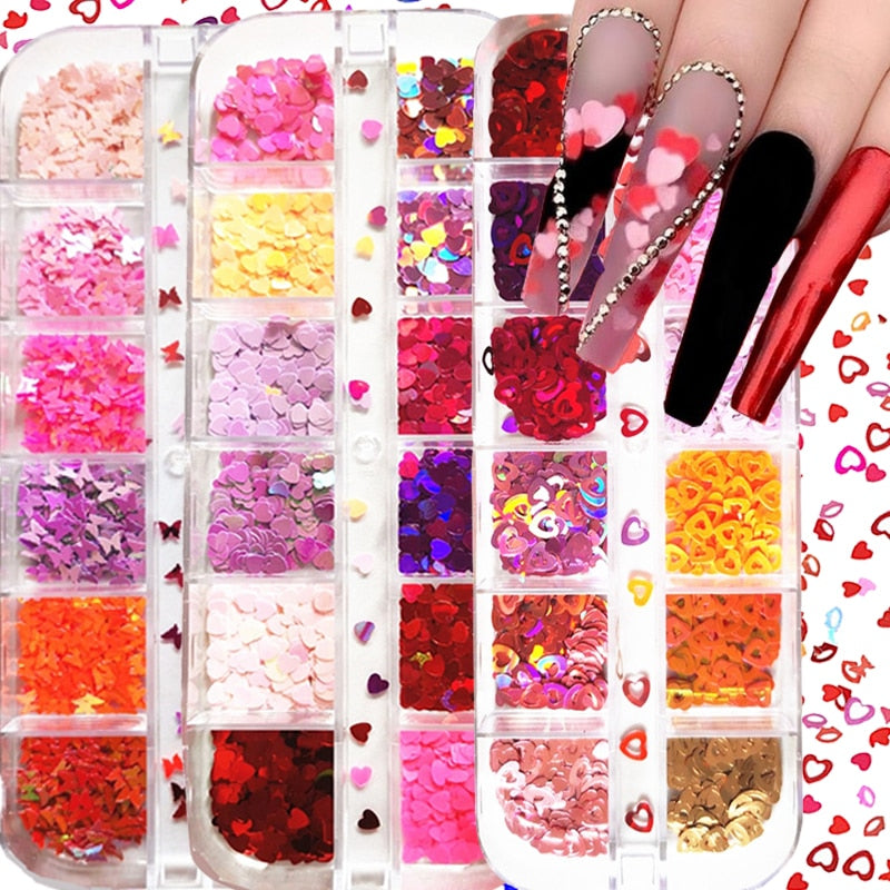 12 Grids/box Heart Butterfly Nail Decoration