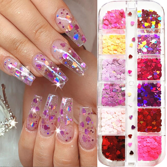 12 Grids/box Heart Butterfly Nail Decoration