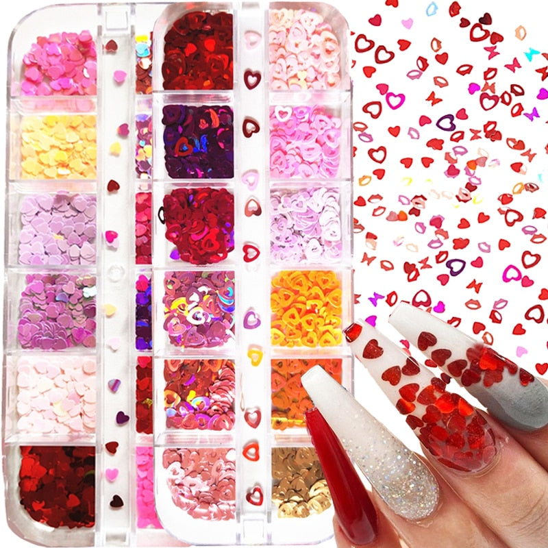 12 Grids/box Heart Butterfly Nail Decoration