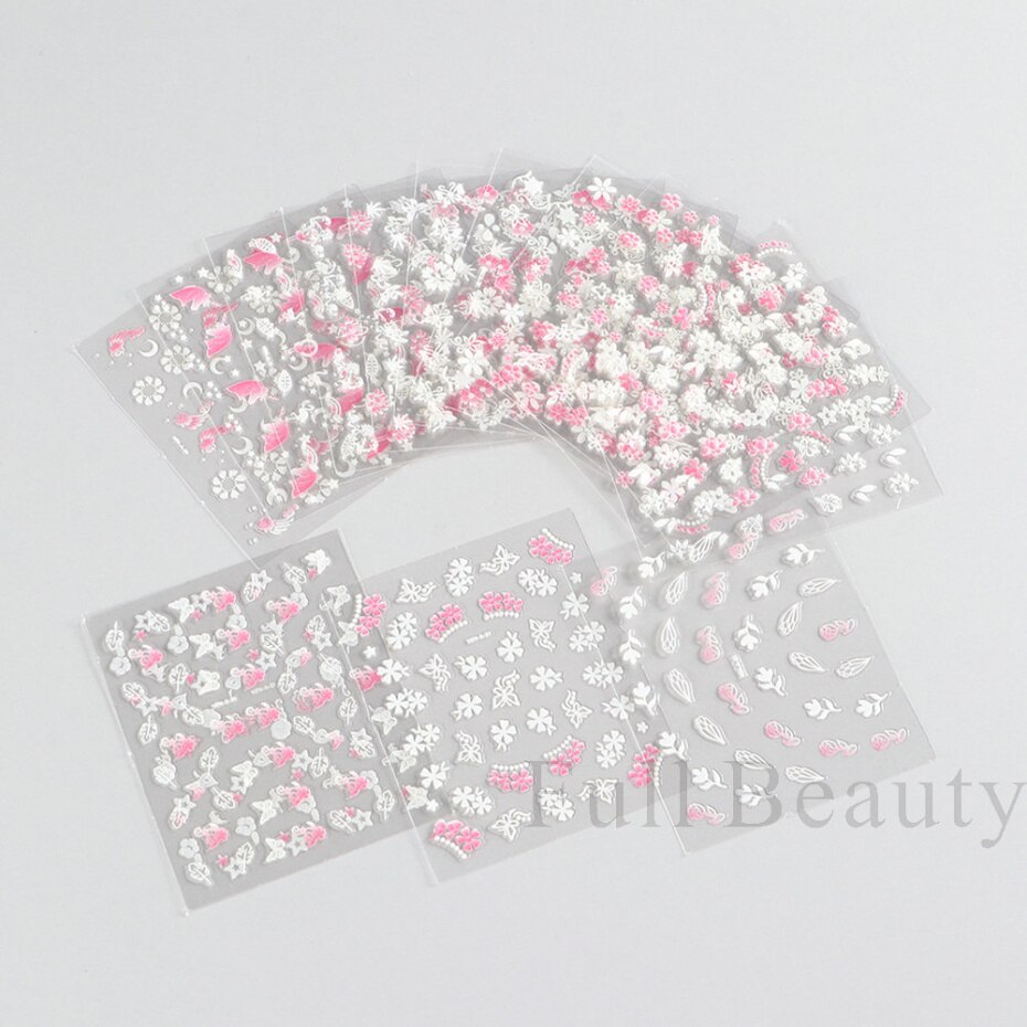 30Pcs Pink White Flowers Nail Sticker Cherry Cute Floral