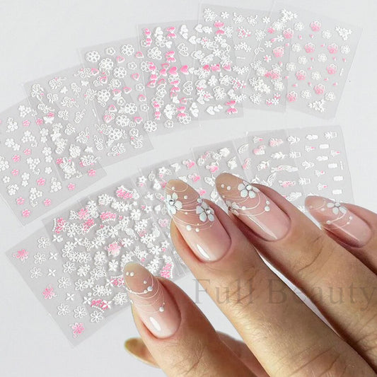 30Pcs Pink White Flowers Nail Sticker Cherry Cute Floral