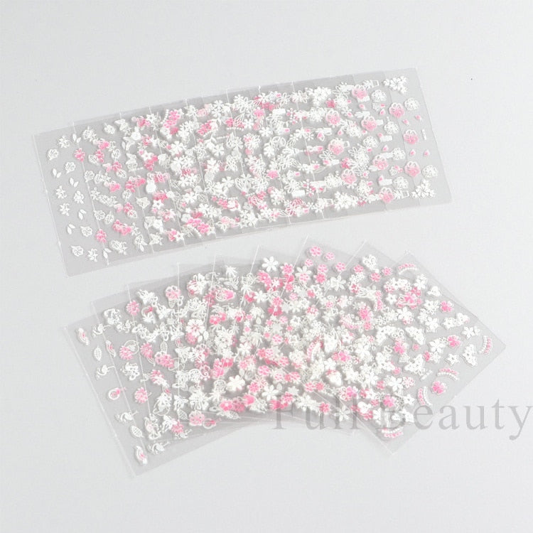 30Pcs Pink White Flowers Nail Sticker Cherry Cute Floral