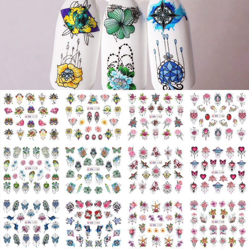 12pcs Gradient Marble Water Nail Stickers Flower