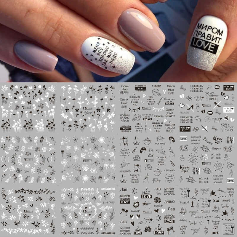 12pcs Gradient Marble Water Nail Stickers Flower