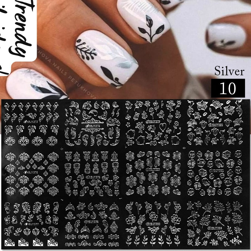 3D Stickers Gold Flower Leaf Lace Design Geometry Line Nail