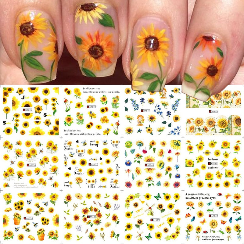12pcs Gradient Marble Water Nail Stickers Flower