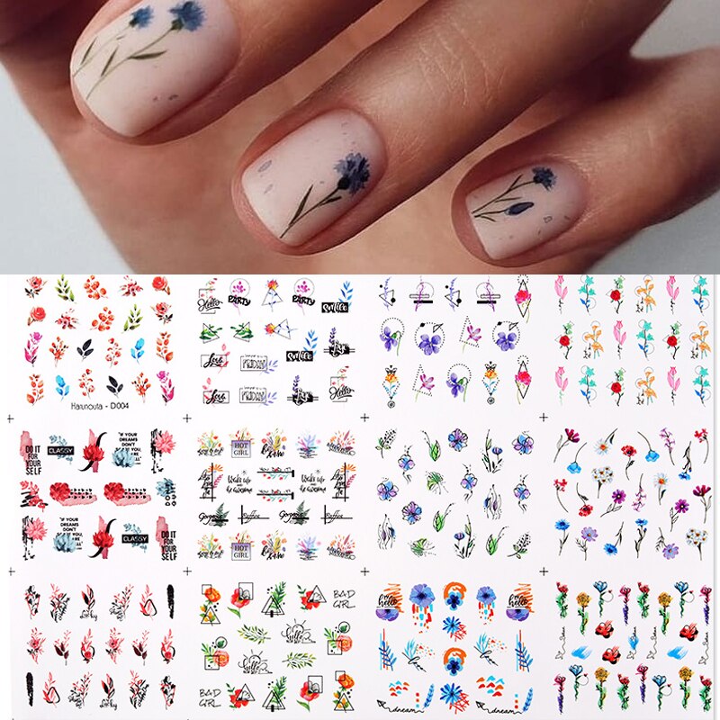 12pcs Gradient Marble Water Nail Stickers Flower
