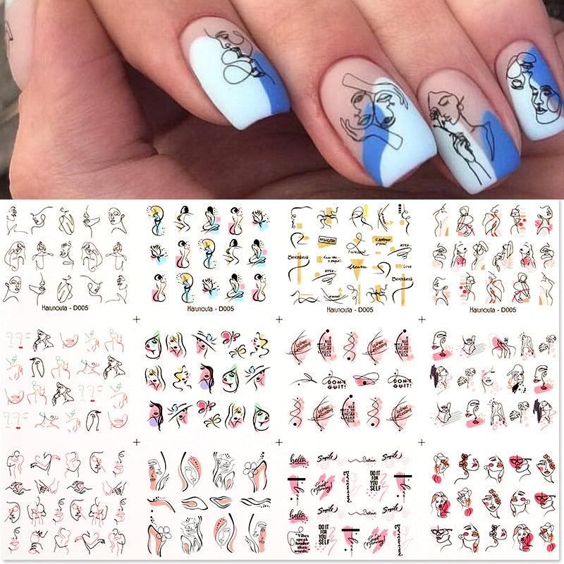 12pcs Gradient Marble Water Nail Stickers Flower