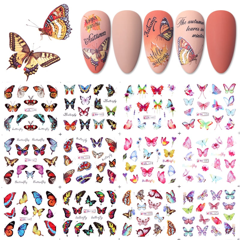12pcs Gradient Marble Water Nail Stickers Flower