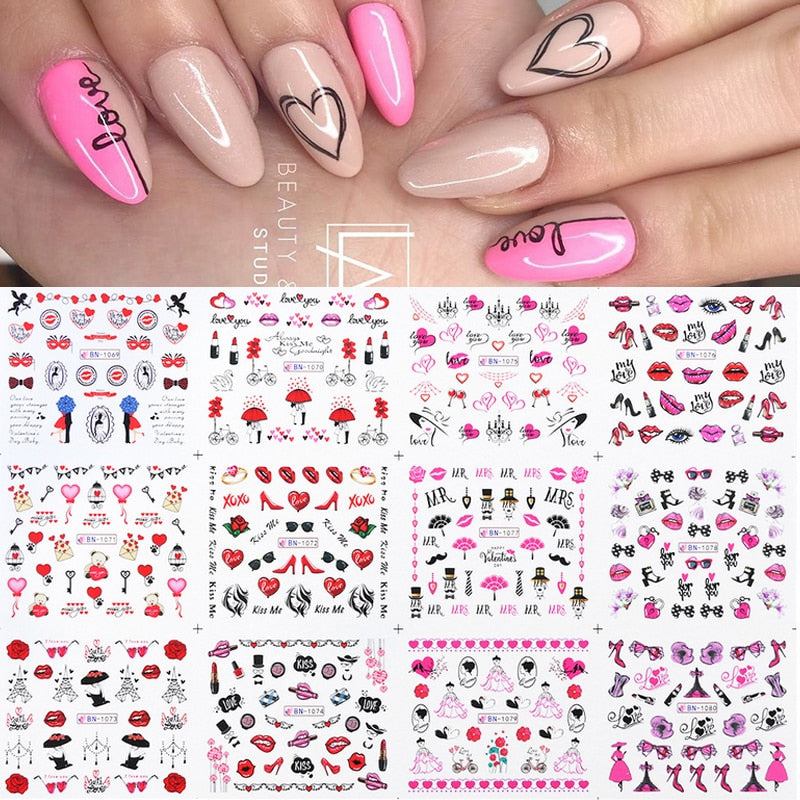 12pcs Gradient Marble Water Nail Stickers Flower