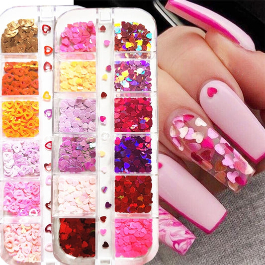 12 Grids/box Laser Love Heart Butterfly Nail