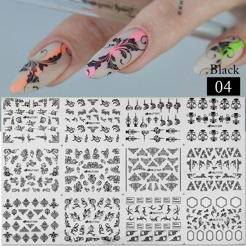 3D Stickers Gold Flower Leaf Lace Design Geometry Line Nail