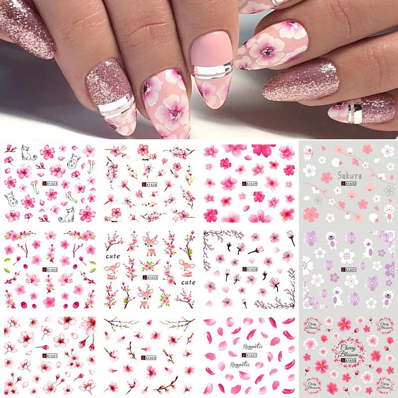 12pcs Gradient Marble Water Nail Stickers Flower