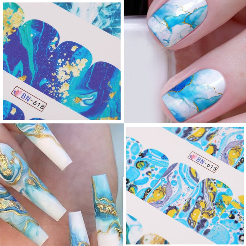 12pcs Gradient Marble Water Nail Stickers Flower