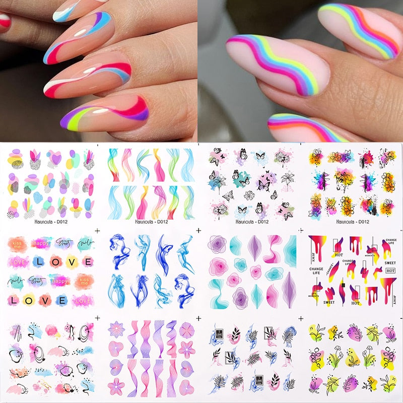 12pcs Gradient Marble Water Nail Stickers Flower