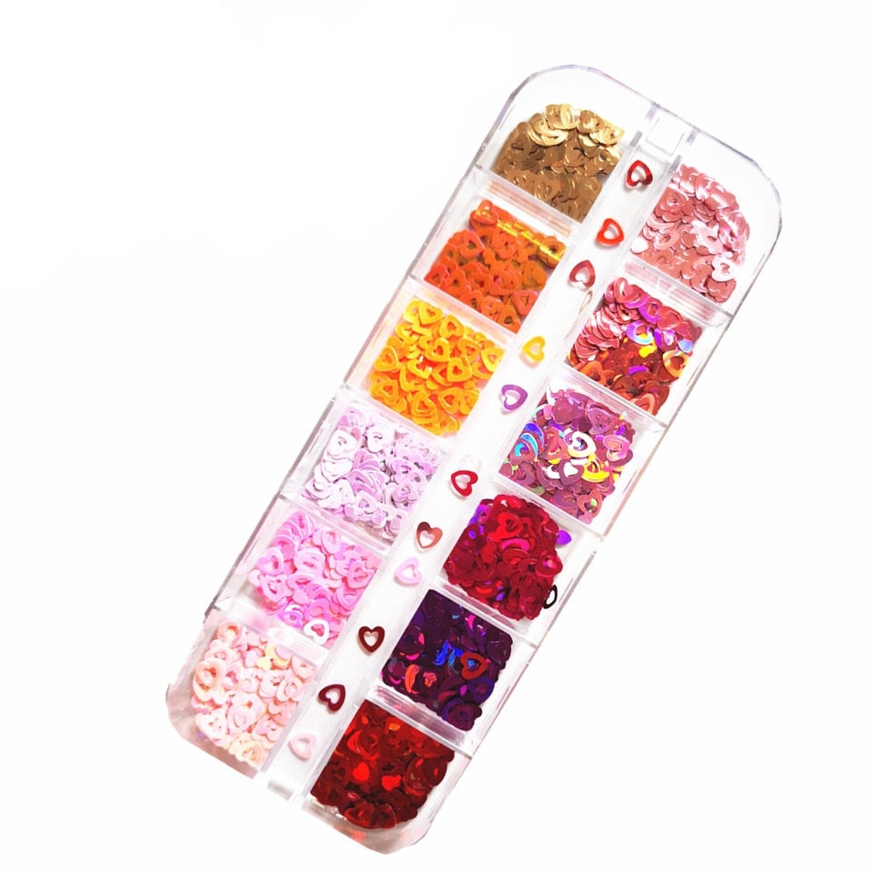 12 Grids/box Laser Love Heart Butterfly Nail