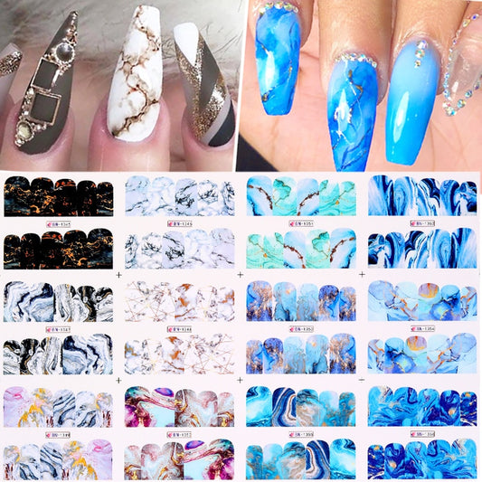 12pcs Gradient Marble Water Nail Stickers Flower
