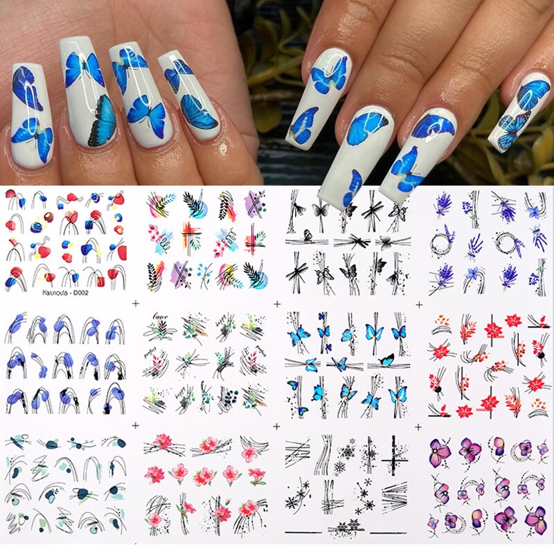 12pcs Gradient Marble Water Nail Stickers Flower