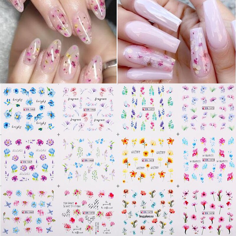 12pcs Gradient Marble Water Nail Stickers Flower