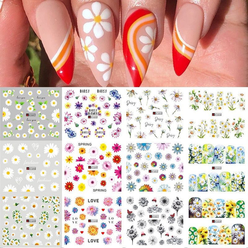 12pcs Gradient Marble Water Nail Stickers Flower