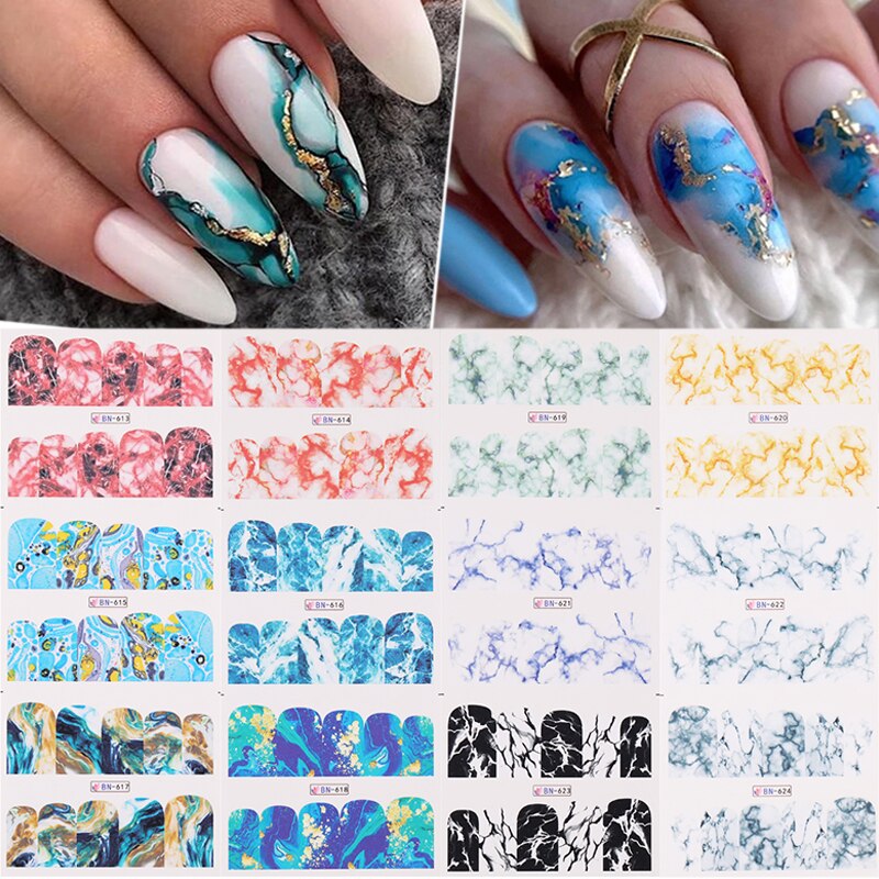 12pcs Gradient Marble Water Nail Stickers Flower