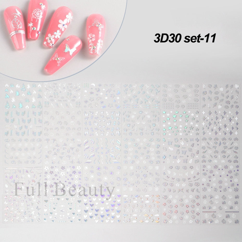 30Pcs Pink White Flowers Nail Sticker Cherry Cute Floral