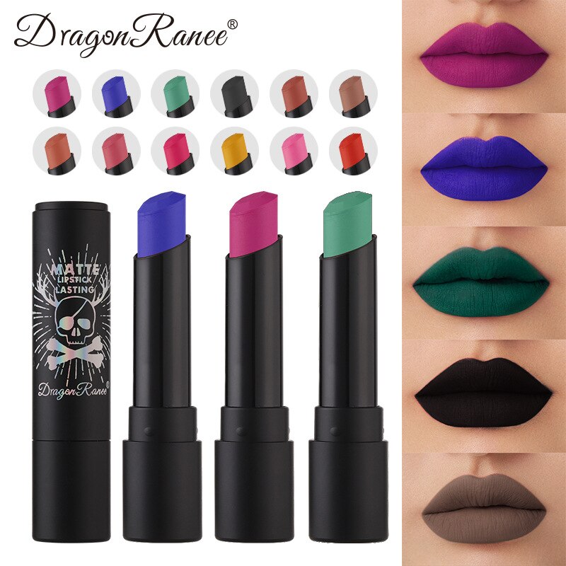 12 Colors Matte Nude Lipsticks Pink Black Blue