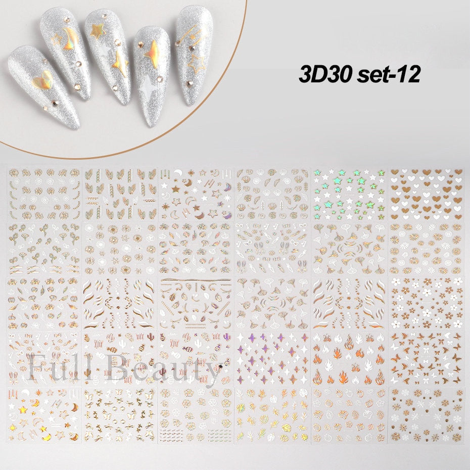 30Pcs Pink White Flowers Nail Sticker Cherry Cute Floral