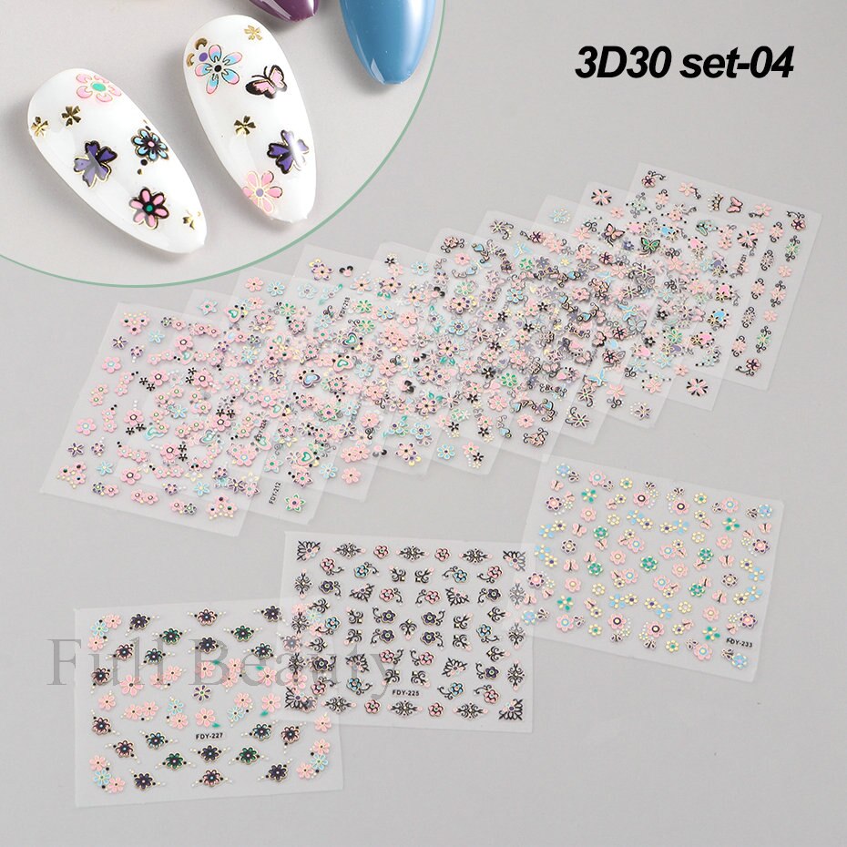 30Pcs Pink White Flowers Nail Sticker Cherry Cute Floral