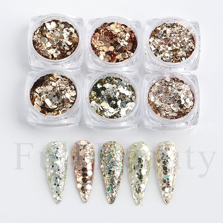 6 Grids Pearl Glitter Powder Aurora Effect Holographic Mirror Nails