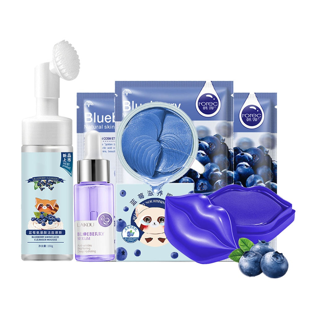Face Cleanser Blackheads Blueberry Essence Moisturize Repair Lips Mask Whiten Fade Dark Circle Skin Eye Care Cream Cosmetics Set