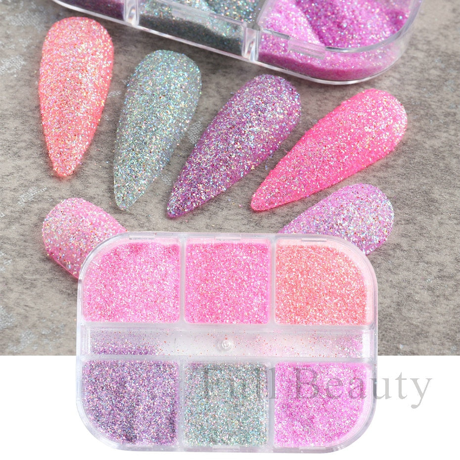 6 Grids Pearl Glitter Powder Aurora Effect Holographic Mirror Nails