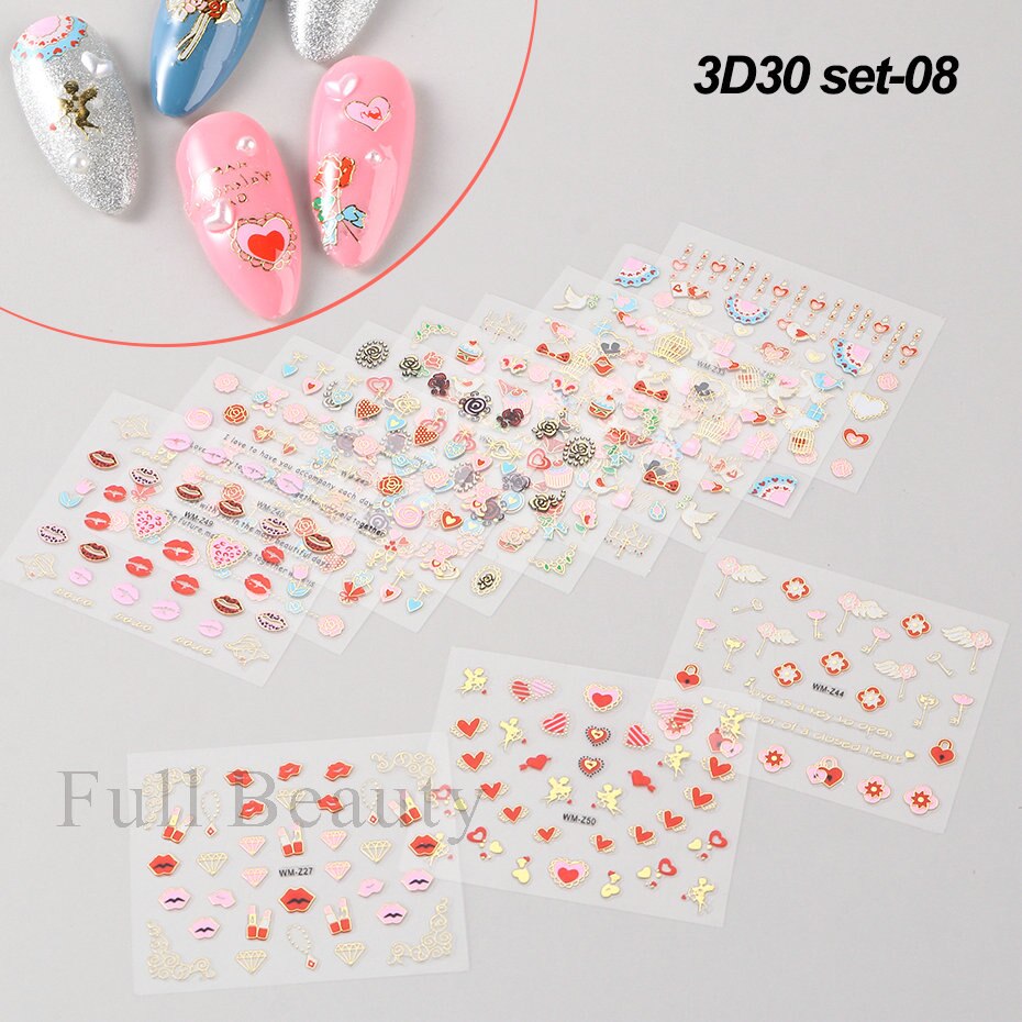 30Pcs Pink White Flowers Nail Sticker Cherry Cute Floral
