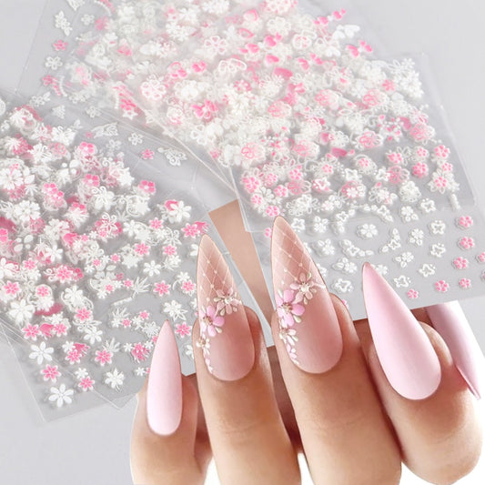 30Pcs Pink White Flowers Nail Sticker Cherry Cute Floral