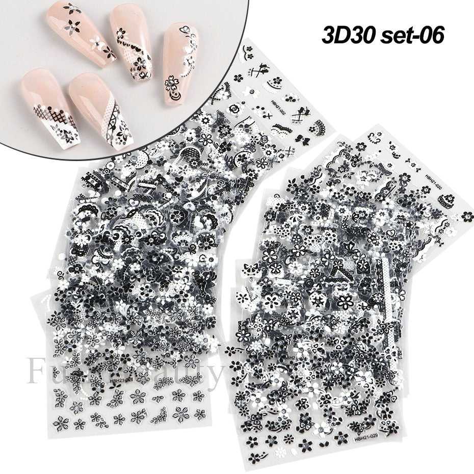 30Pcs Pink White Flowers Nail Sticker Cherry Cute Floral