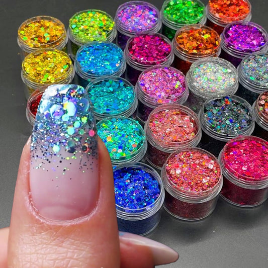 24 Colors Holographic Chunky Glitter Laser Nail Glitter Flakes