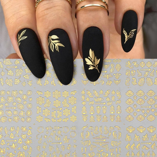 3D Stickers Gold Flower Leaf Lace Design Geometry Line Nail