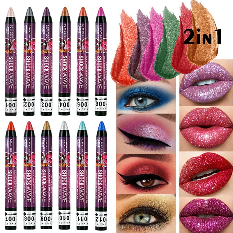 2 In 1 Pearlescent Eyeshadow Lipstick Stick Pencil Waterproof