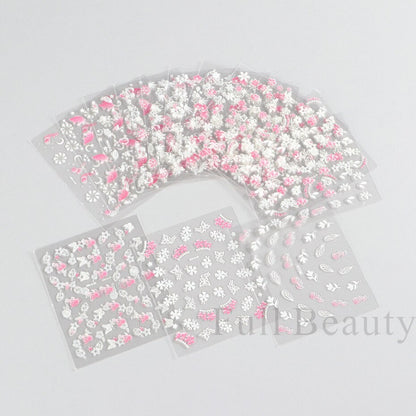 30Pcs Pink White Flowers Nail Sticker Cherry Cute Floral