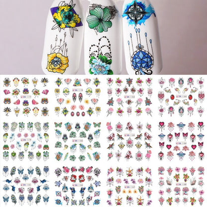12pcs Gradient Marble Water Nail Stickers Flower