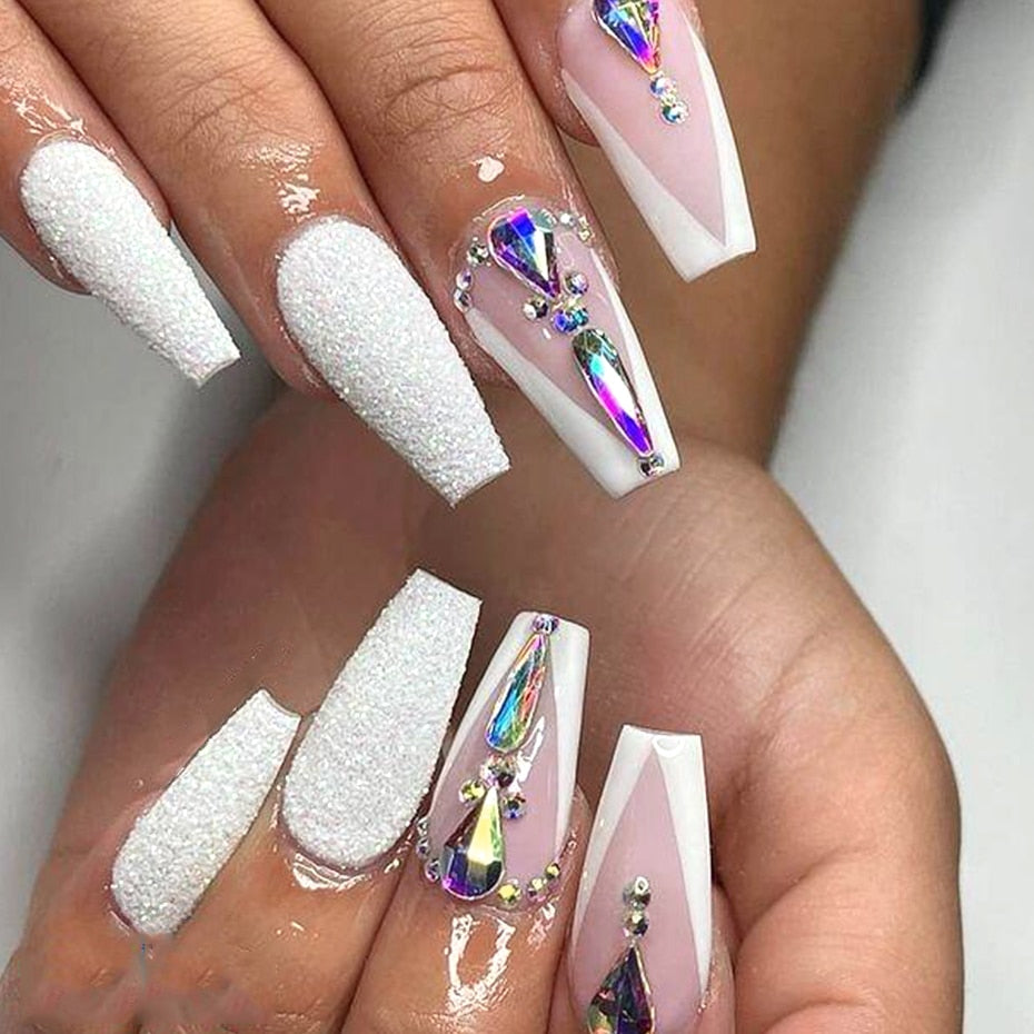 Shiny Glitter Sugar Sand Nails 3D Acrylic Flowers White