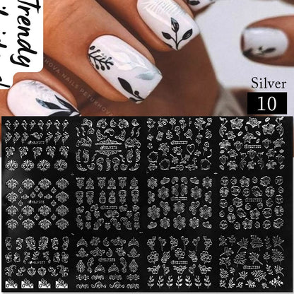 3D Stickers Gold Flower Leaf Lace Design Geometry Line Nail