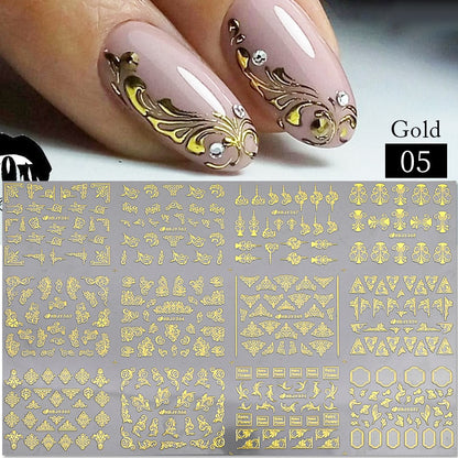 3D Stickers Gold Flower Leaf Lace Design Geometry Line Nail