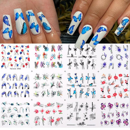 12pcs Gradient Marble Water Nail Stickers Flower