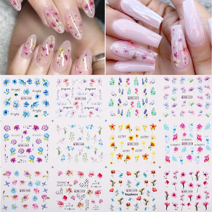 12pcs Gradient Marble Water Nail Stickers Flower