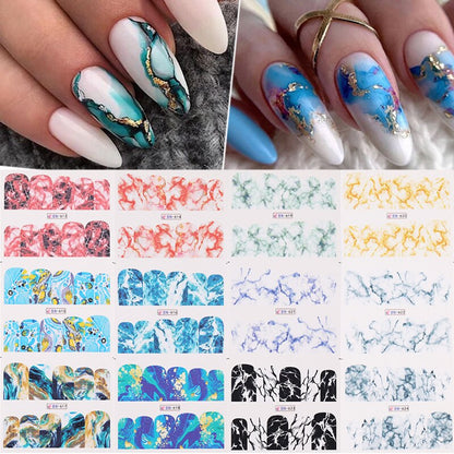 12pcs Gradient Marble Water Nail Stickers Flower