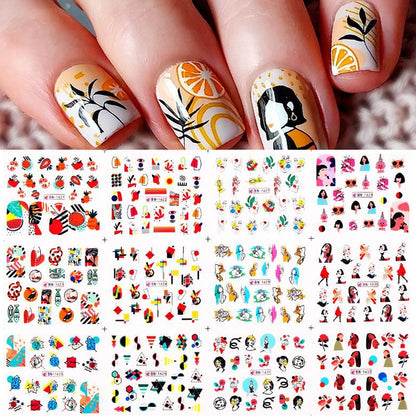12pcs Gradient Marble Water Nail Stickers Flower