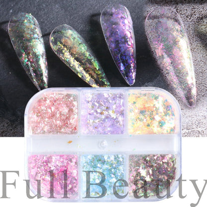 6 Grids Pearl Glitter Powder Aurora Effect Holographic Mirror Nails