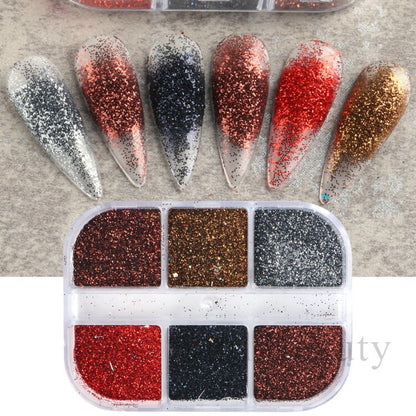 6 Grids Pearl Glitter Powder Aurora Effect Holographic Mirror Nails